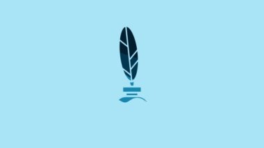 Blue Feather and inkwell icon isolated on blue background. 4K Video motion graphic animation.