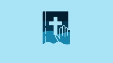 Blue Oath on the Holy Bible icon isolated on blue background. The procedure in court. Truth and truth. Promise before god. 4K Video motion graphic animation.