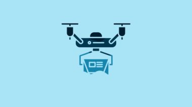 Blue Drone delivery concept icon isolated on blue background. Quadrocopter carrying a package. Transportation, logistic concept. 4K Video motion graphic animation.