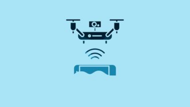 Blue Remote aerial drone with a camera taking photography or video recording icon isolated on blue background. 4K Video motion graphic animation.