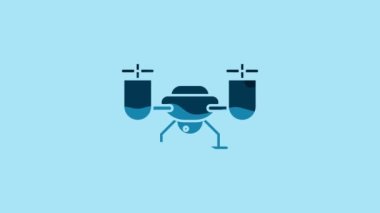 Blue Drone flying with action video camera icon isolated on blue background. Quadrocopter with video and photo camera symbol. 4K Video motion graphic animation.