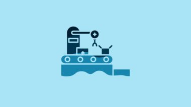 Blue Factory conveyor system belt with cardboard boxes engineering machine icon isolated on blue background. Robot industry concept. 4K Video motion graphic animation.