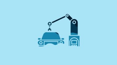 Blue Industrial machine robotic robot arm hand on car factory icon isolated on blue background. Industrial automation production automobile. 4K Video motion graphic animation.