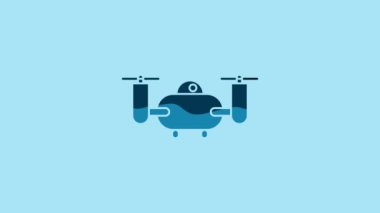 Blue Drone flying with action video camera icon isolated on blue background. Quadrocopter with video and photo camera symbol. 4K Video motion graphic animation.