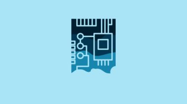 Blue Electronic computer components motherboard digital chip integrated science icon isolated on blue background. Circuit board. 4K Video motion graphic animation.