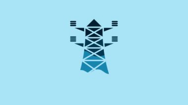 Blue Electric tower used to support an overhead power line icon isolated on blue background. High voltage power pole line. 4K Video motion graphic animation.