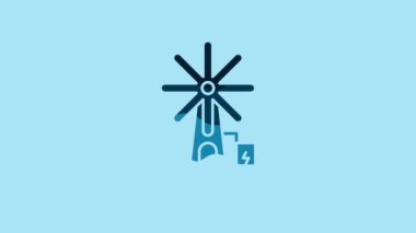 Blue Wind turbine icon isolated on blue background. Wind generator sign. Windmill for electric power production. 4K Video motion graphic animation.