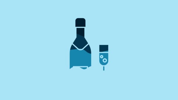 Blue Champagne Bottle Glass Champagne Icon Isolated Blue Background Merry — Stockvideo