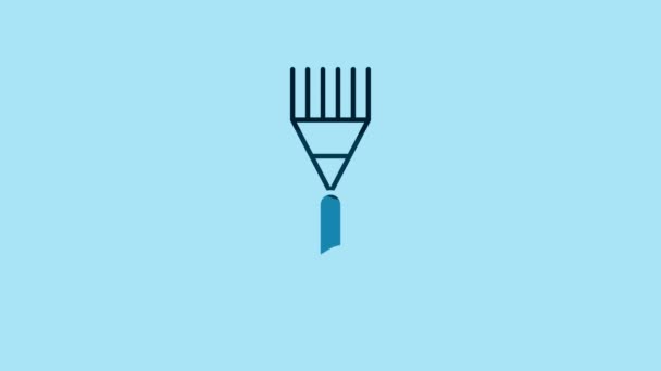 Blue Garden rake icon isolated on blue background. Tool for horticulture, agriculture, farming. Ground cultivator. Housekeeping equipment. 4K Video motion graphic animation.