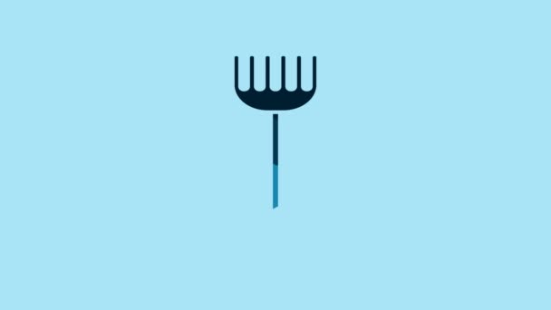 Blue Garden rake icon isolated on blue background. Tool for horticulture, agriculture, farming. Ground cultivator. Housekeeping equipment. 4K Video motion graphic animation.