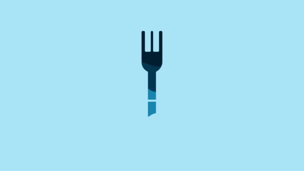 Blue Fork icon isolated on blue background. Cutlery symbol. 4K Video motion graphic animation.