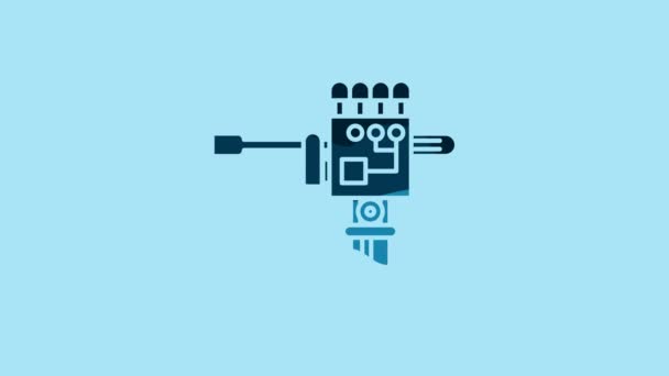 青の背景に分離された機械式ロボットハンドとドライバーツールアイコン ロボットアームのシンボル 技術的概念 4Kビデオモーショングラフィックアニメーション — ストック動画