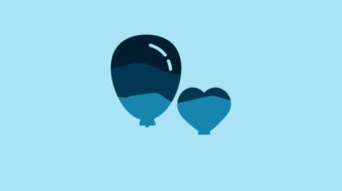 Blue Balloons in form of heart with ribbon icon isolated on blue background. 4K Video motion graphic animation.
