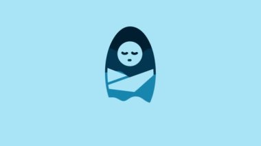 Blue Newborn baby infant swaddled or swaddling icon isolated on blue background. Baby kid child wrapped in blanket clothes. 4K Video motion graphic animation.