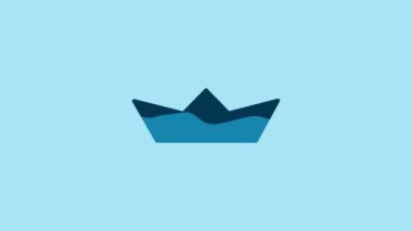 Blue Folded paper boat icon isolated on blue background. Origami paper ship. 4K Video motion graphic animation.
