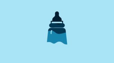 Blue Baby bottle icon isolated on blue background. Feeding bottle icon. Milk bottle sign. 4K Video motion graphic animation.