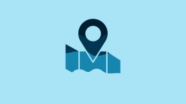 Blue Folded map with location marker icon isolated on blue background. 4K Video motion graphic animation.
