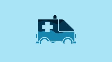Blue Ambulance and emergency car icon isolated on blue background. Ambulance vehicle medical evacuation. 4K Video motion graphic animation.