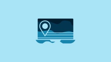 Blue Laptop with location marker icon isolated on blue background. 4K Video motion graphic animation.