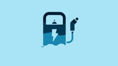 Blue Electric car charging station icon isolated on blue background. Eco electric fuel pump sign. 4K Video motion graphic animation.