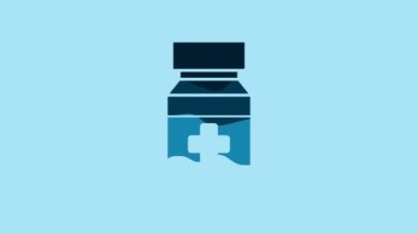 Blue Dog medicine bottle and pills icon isolated on blue background. Container with pills. Prescription medicine for animal. 4K Video motion graphic animation.