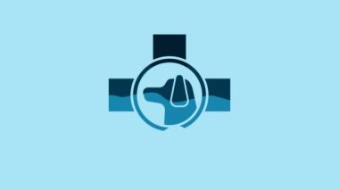 Blue Veterinary clinic symbol icon isolated on blue background. Cross with dog veterinary care. Pet First Aid sign. 4K Video motion graphic animation.