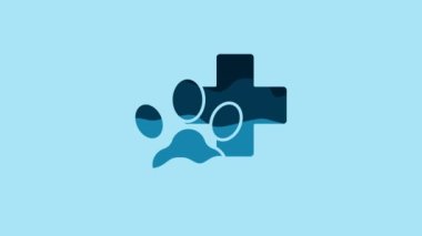 Blue Veterinary clinic symbol icon isolated on blue background. Cross hospital sign. Stylized paw print dog or cat. Pet First Aid sign. 4K Video motion graphic animation.