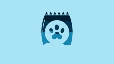 Blue Bag of food for pet icon isolated on blue background. Food for animals. Pet food package. Dog or cat paw print. 4K Video motion graphic animation.