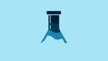 Blue Test tube and flask - chemical laboratory test icon isolated on blue background. Laboratory glassware sign. 4K Video motion graphic animation.