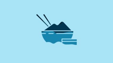 Blue Rice in a bowl with chopstick and sauce icon isolated on blue background. Traditional Asian food. 4K Video motion graphic animation.