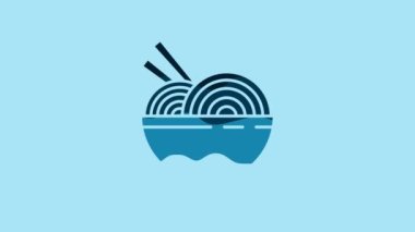 Blue Asian noodles in bowl and chopsticks icon isolated on blue background. Street fast food. Korean, Japanese, Chinese food. 4K Video motion graphic animation.