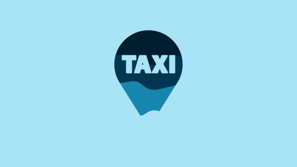 蓝色地图指针 带有出租车图标 蓝色背景孤立 位置符号 4K视频运动图形动画 — 图库视频影像