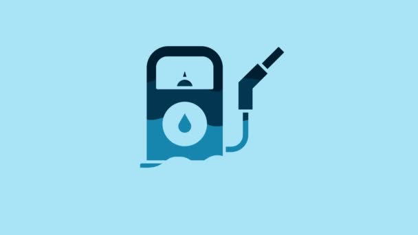 蓝色汽油或加油站图标隔离在蓝色背景 汽车燃料符号 汽油泵 4K视频运动图形动画 — 图库视频影像