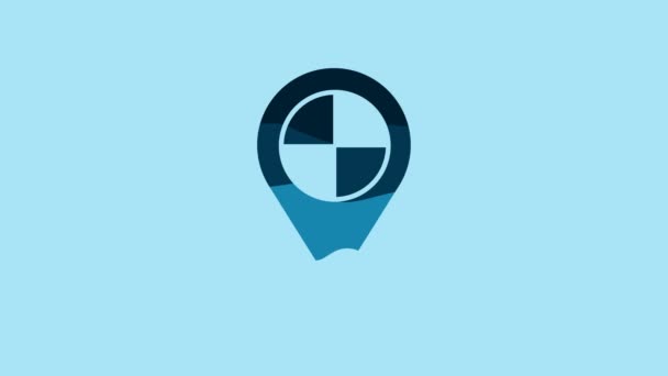 青い背景にタクシーアイコンが隔離されたブルーマップポインタ 場所のシンボル 4Kビデオモーショングラフィックアニメーション — ストック動画