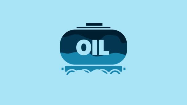 青油鉄道のシスタンアイコンは青の背景に隔離されています 鉄道車両上の列車油タンク 貨物列車 石油産業 4Kビデオモーショングラフィックアニメーション — ストック動画