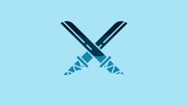 Blue Traditional Japanese katana icon isolated on blue background. Japanese sword. 4K Video motion graphic animation.