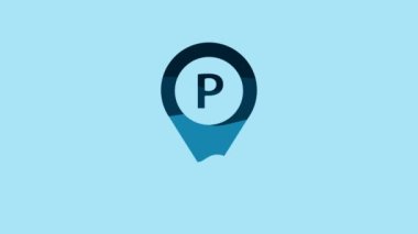 Blue Location with parking icon isolated on blue background. Street road sign. 4K Video motion graphic animation.