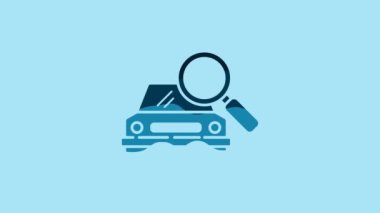 Blue Car search icon isolated on blue background. Magnifying glass with car. 4K Video motion graphic animation.
