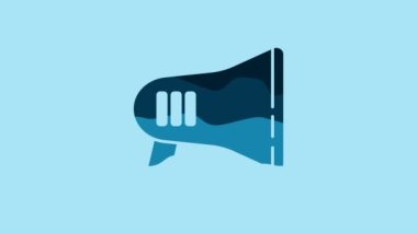 Blue Megaphone icon isolated on blue background. Loud speach alert concept. Bullhorn for Mouthpiece scream promotion. 4K Video motion graphic animation.