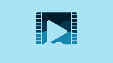 Blue Play Video icon isolated on blue background. Film strip with play sign. 4K Video motion graphic animation.