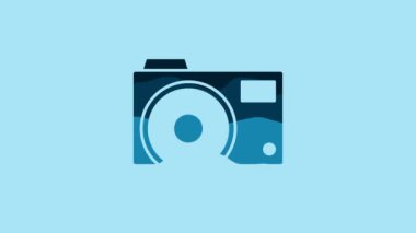 Blue Photo camera icon isolated on blue background. Foto camera icon. 4K Video motion graphic animation.