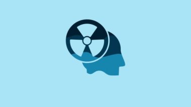 Blue Silhouette of a human head and a radiation symbol icon isolated on blue background. 4K Video motion graphic animation.