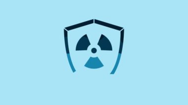 Blue Radioactive in shield icon isolated on blue background. Radioactive toxic symbol. Radiation Hazard sign. 4K Video motion graphic animation.