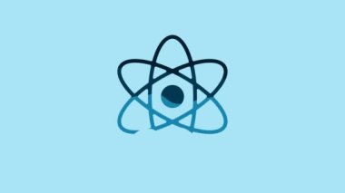 Blue Atom icon isolated on blue background. Symbol of science, education, nuclear physics, scientific research. 4K Video motion graphic animation.