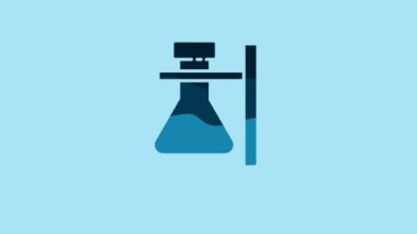 Blue Glass test tube flask on stand icon isolated on blue background. Laboratory equipment. 4K Video motion graphic animation.