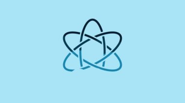 Blue Atom icon isolated on blue background. Symbol of science, education, nuclear physics, scientific research. 4K Video motion graphic animation.