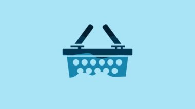 Blue Shopping basket icon isolated on blue background. Online buying concept. Delivery service sign. Shopping cart symbol. 4K Video motion graphic animation.