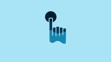 Blue Hand touch and tap gesture icon isolated on blue background. Click here, finger, touch, pointer, cursor, mouse symbol. 4K Video motion graphic animation.