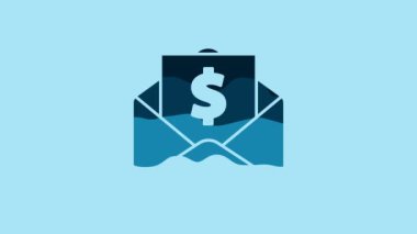 Blue Envelope with coin dollar symbol icon isolated on blue background. Salary increase, money payroll, compensation income. 4K Video motion graphic animation.