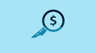 Blue Magnifying glass and dollar icon isolated on blue background. Find money. Looking for money. 4K Video motion graphic animation.